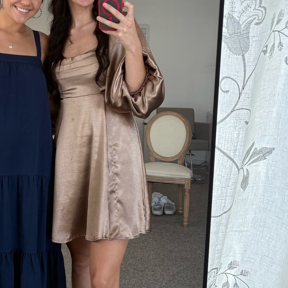 She + Sky Women’s Mini Dress with Puff Sleeve and Cut Outs (Champagne Gold color - Picture 3 of 13